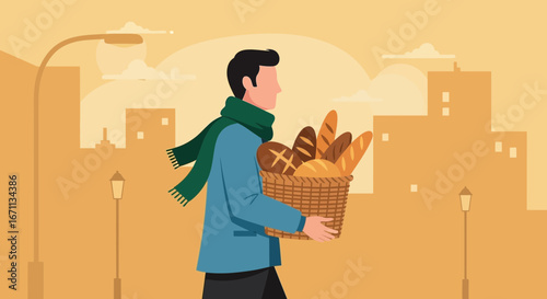 Person Carrying Basket Of Bread In City Amidst Silhouette Buildings And Lamps