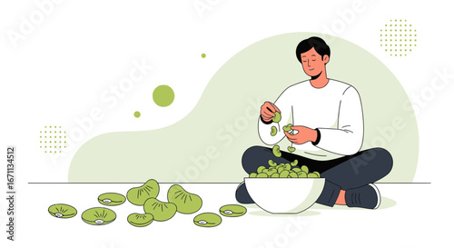 Person Preparing Fresh Beans in a Bowl While Sitting to Promote Healthy Eating Habits