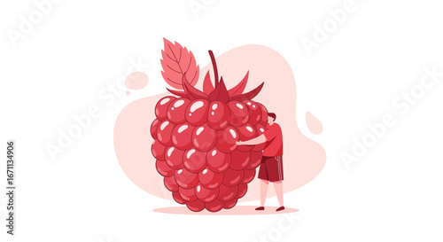Person Hugging Massive Raspberry Illustration Depicting Abundance and Appreciation for Fresh Food