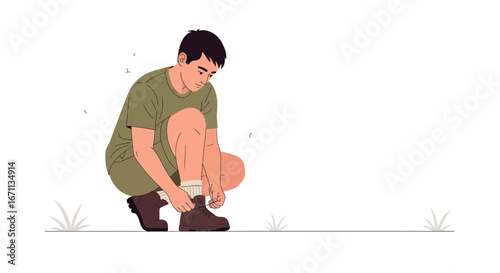 Person Kneeling, Lacing Boots, Outdoors, Preparing For Hike, Sunny Day, White Abstract