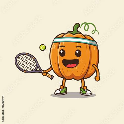 A smiling pumpkin character plays tennis with flair, wearing a blue headband and green sneakers—its vine sprouting playfully as it swings at a mid-air ball against a bright backdrop.