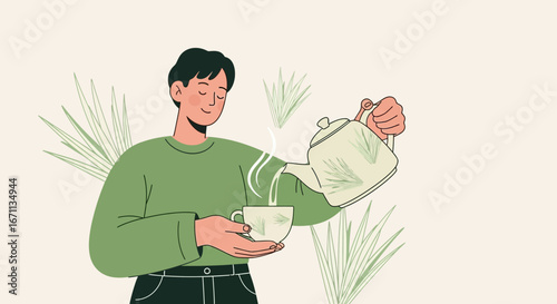 Person Pouring Tea Into Cup, Relaxing, Calm Illustration, Peaceful Moment, Simplified