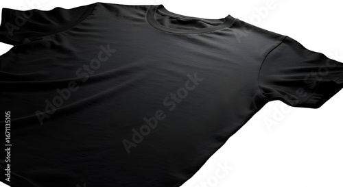 Isolated black t-shirt angled against a white background, showing its texture and shape.