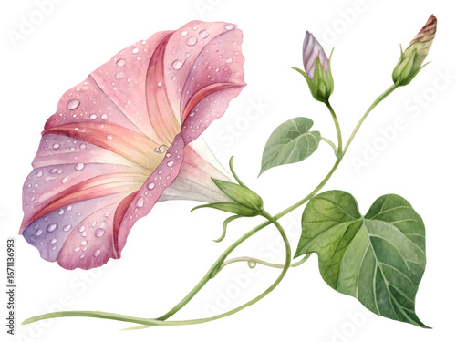 Delicate pink morning glory flower with water droplets on black background