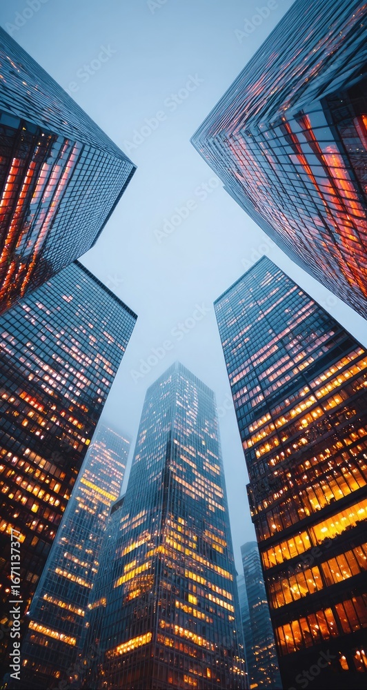 Obraz premium Illuminated skyscrapers pierce the evening sky.