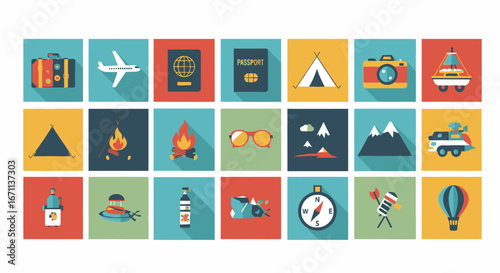 A collection of travel and vacation themed icons arranged in a grid, featuring items like a suitcase, airplane, passport, tent, camera, and mountains.