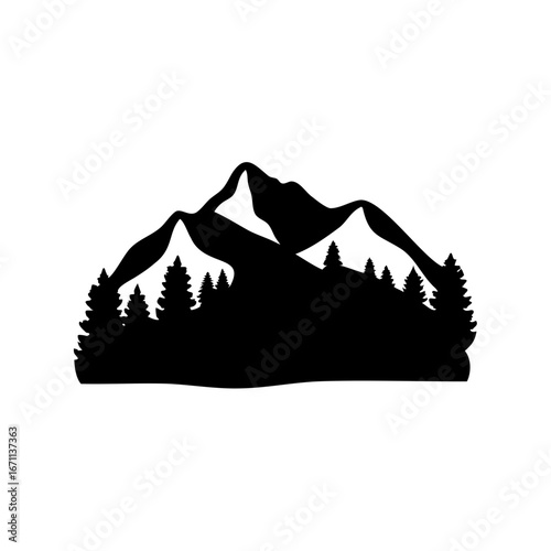 Monochromatic silhouette depicting a majestic mountain range covered by evergreen forest