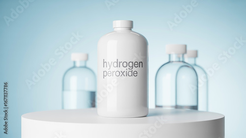 White hydrogen peroxide bottle with clear bottles in background white bottle liquid