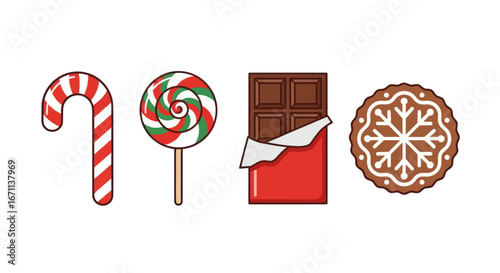 Festive holiday sweets illustration featuring candy cane, lollipop, chocolate bar and gingerbread