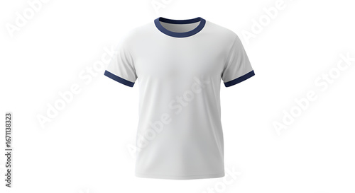 A plain white t-shirt with navy blue trim on a white background.