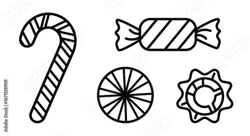 Minimalist line art illustration of festive candies for holiday projects and designs