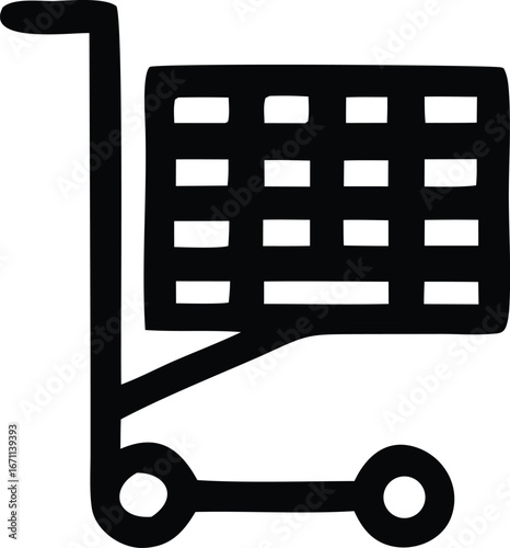Simple black silhouette of a shopping cart with wheels and handle ideal for retail and e-commerce icons