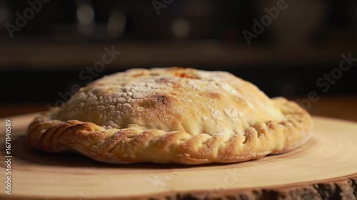 Close up of a golden brown calzone with crimped edges on a wooden serving board surface