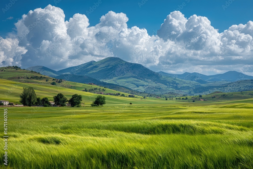 Fototapeta premium Lush green fields meet rolling hills under a vibrant blue sky