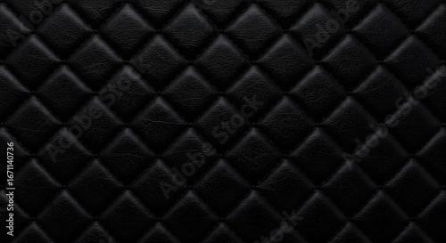 A luxurious black quilted leather texture creates a deeply dimensional surface, emphasizing elegance and sophistication with its symmetrical diamond pattern and subtle variations in light and shadow.