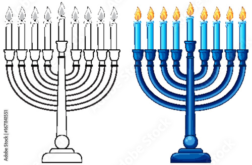 Hanukkah Menorah with Lit Candles Vector Illustration
