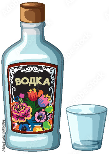 Traditional Russian Vodka Bottle with Floral Label and Glass