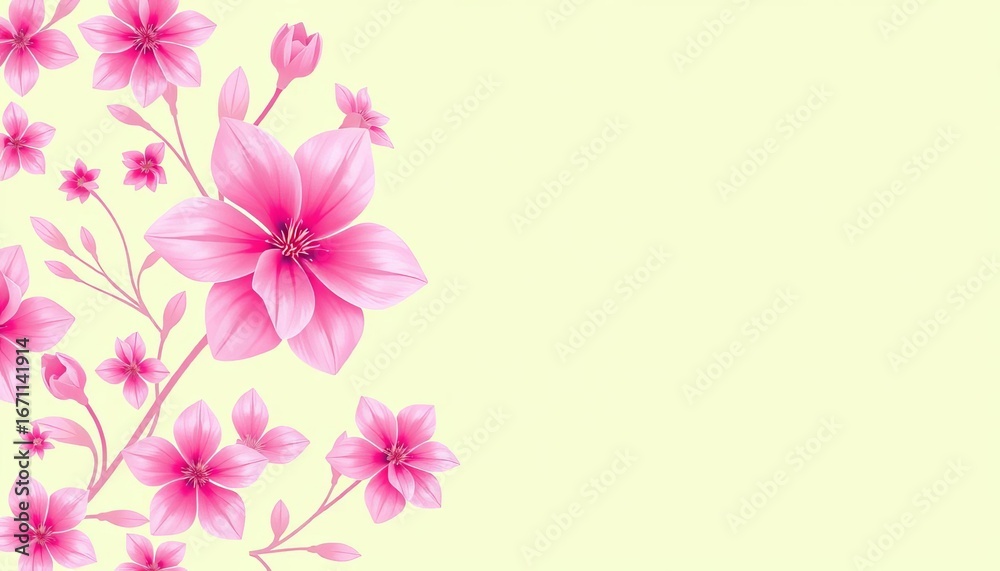 Fototapeta premium Light pink floral pattern on left, light green background with generative AI floral design, summer, illustration