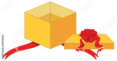 Open Yellow Gift Box with Red Ribbon and Lid