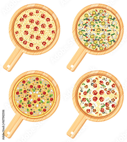 Assorted Pizzas on Wooden Serving Boards Top View
