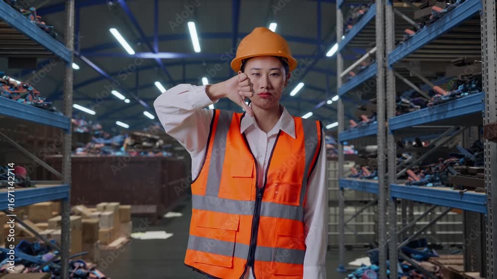 Asian Female Engineer With Safety Helmet Showing Thumbs Down Gesture And Shaking Her Head While Standing, Industrial Scrap Metal and Recycling Warehouse Asian Female Engineer With Safety Helmet Showing Thumbs Down Gesture And Shaking Her Head While Standing, Industrial Scrap Metal and Recycling Warehouse