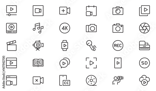 Video line icon set. Containing camera, play, pause, media, online video, live, production, player, movie and cinema icons.video production icon outline icon collection. Vector illustration