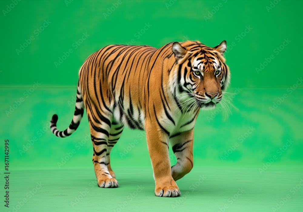 Obraz premium Walking Tiger on a Green Background