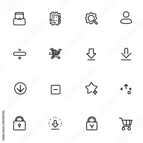 A collection of black and white thin line SVG vector icons on a clean white background. Minimalist, consistent, modern design, suitable for UI/UX, apps, websites, and prototypes. 