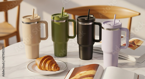 Four insulated tumblers with handles and straws in beige, green, black, and lavender colors are displayed on a table with a croissant and books.