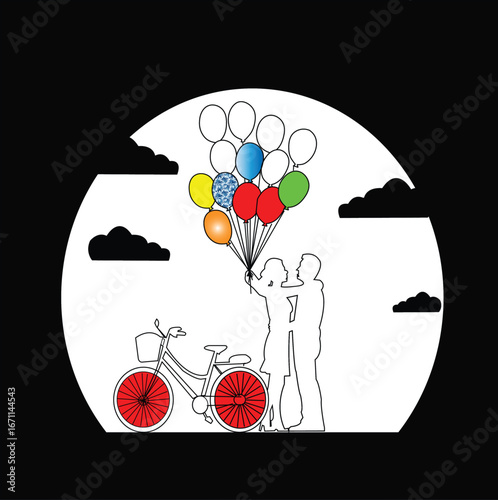 Joyful couple with colorful balloons and bicycle under a full moon