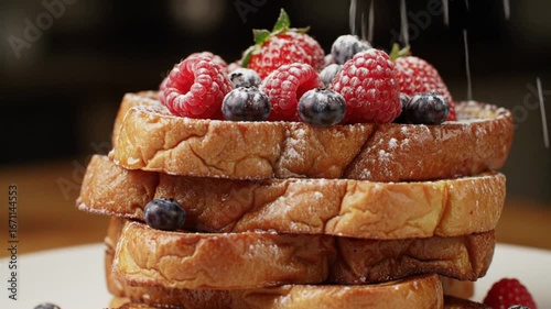 Stack of french toast topped with fresh berries and syrup being poured on it close up view