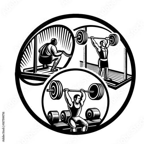 Powerlifting, weightlifting or bodybuilding vector silhouettes on white background. Bench press, deadlift, squat. Layered. Fully editable .Silhouettes of a man doing exercise
