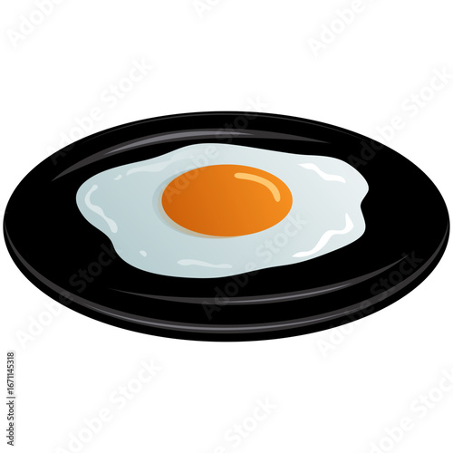 Fried Egg on Black Plate Vector Illustration
