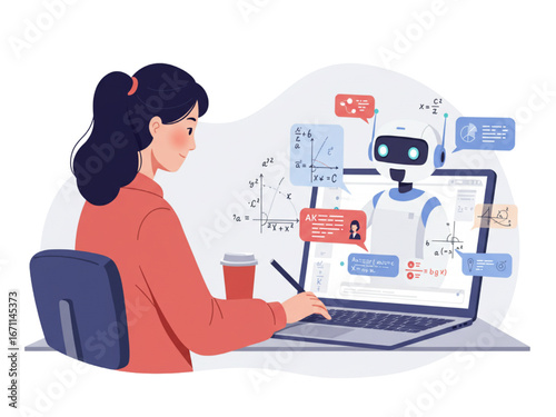 Female Student Learning with AI - Use Artificial Intelligence Generative Tools For Education Concept Vector Illustration