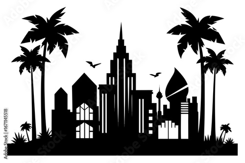 Hong Kong and Dubai city skyline with palm trees vector illustration