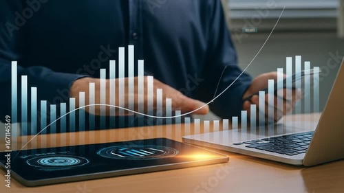Businessman analyzing financial data on a laptop and tablet with a virtual stock market graph overlay, showing business growth, investment, and success.