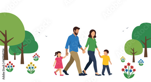 Family stroll amidst nature's simple beauty, a walk in stylized harmony and calm