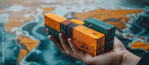 A hand holds miniature shipping containers against a blurred world map background, illustrating global trade and logistics