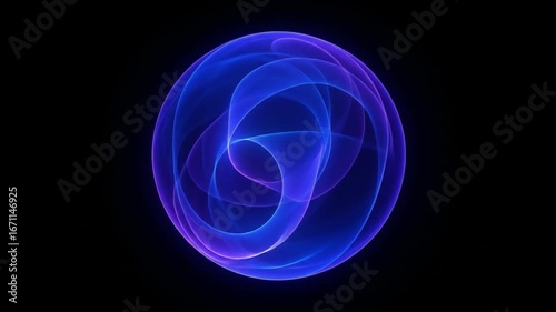 Abstract glowing blue and purple energy sphere or orb on a black background, representing technology, science, and futuristic concepts.