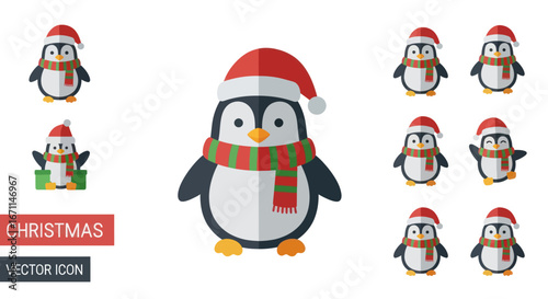 Whimsical Christmas penguin icons, a festive collection of cartoon birds wearing santa hats