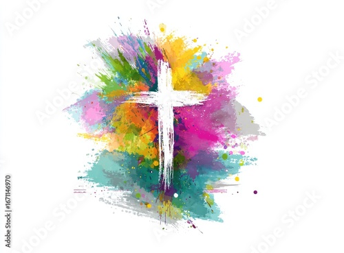 A vibrant, colorful design featuring a bold white cross against a backdrop of dynamic paint splatters.
