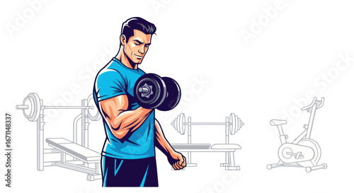 Focused fitness: Muscular man exercising biceps with dumbbells in gym setting