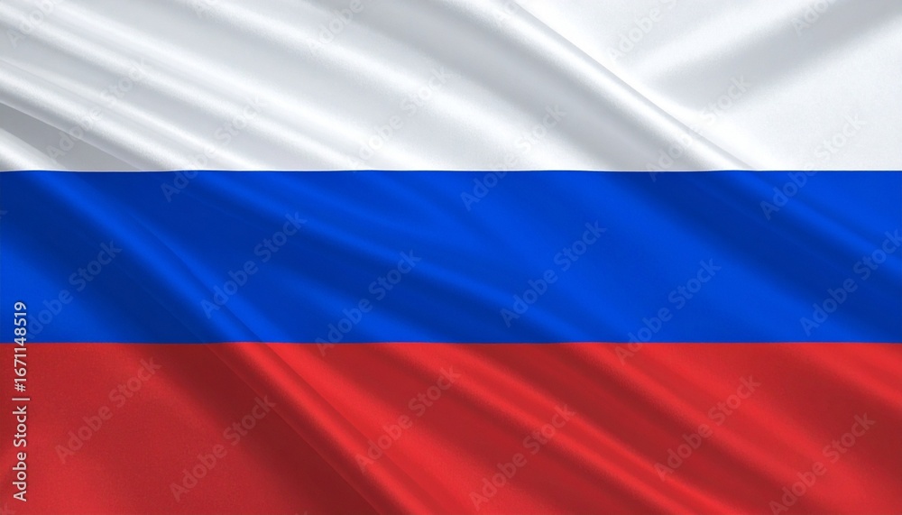 Fototapeta premium National flag of Russia with three horizontal stripes—white, blue, and red—on flowing fabric with silky texture, symbolizing Russian identity and sovereignty.
