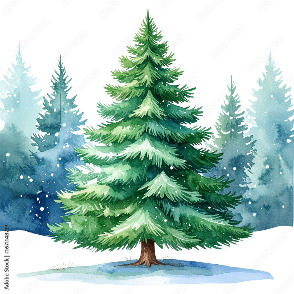 Fototapeta premium A winter forest scene with a decorated Christmas fir tree covered in snow, a festive illustration for the holiday season