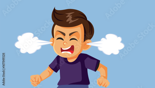 Angry Little Boy fuming with Fury Vector Cartoon Character. Enraged kid being aggressive acting like a bully 