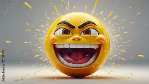 Happy yellow emoji with joyful expression and splash effect