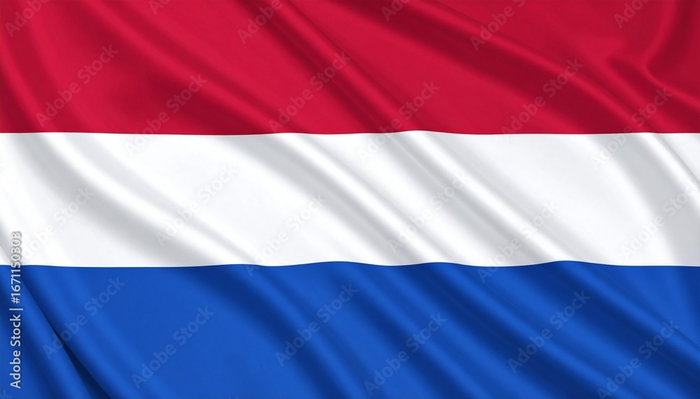 Naklejka premium Dutch national flag with three horizontal bands—red on top, white in the middle, and blue on the bottom—waving in the wind, symbolizing national pride and identity.