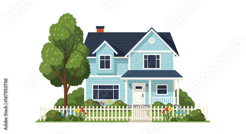 Charming two-story suburban home with vibrant landscaping and a picket fence aesthetic presentation
