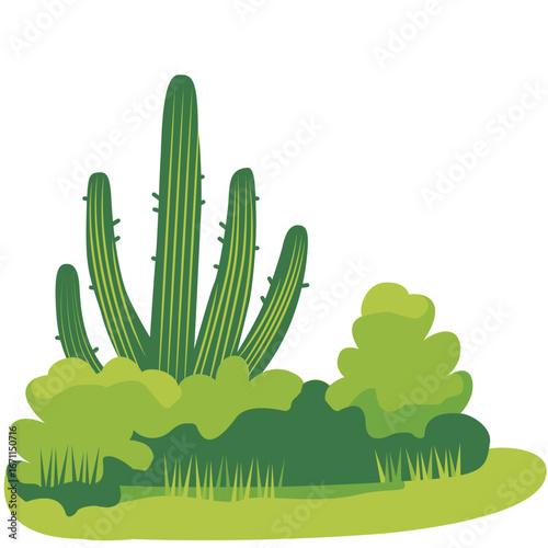 Illustration of multiple green cactus plants growing from sandy soil, representing desert plant for nature design element.
