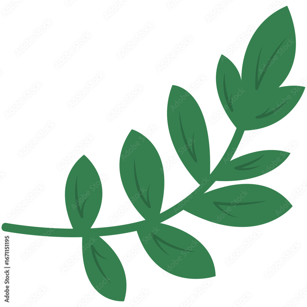 Naklejka premium Large leafy branch illustration in green flat style, simple and minimal decorative design for eco and botanical themes.